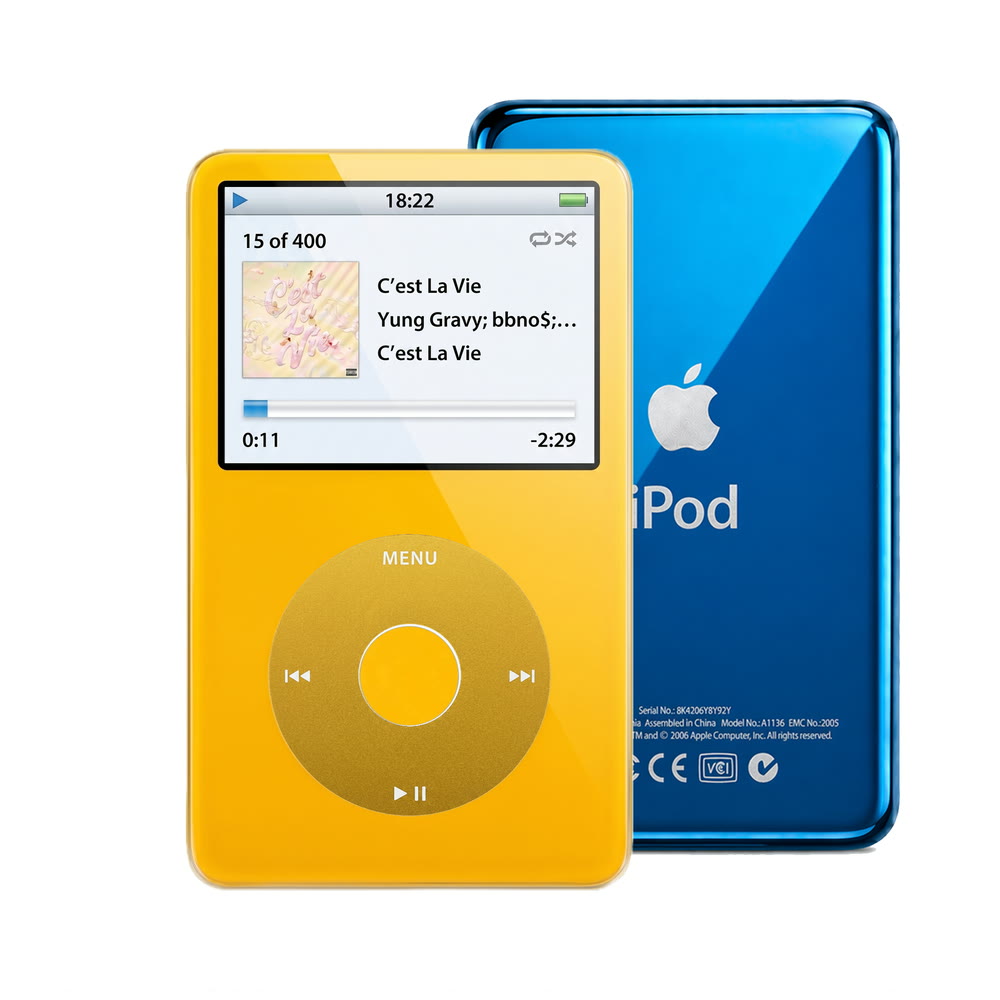 Yellow refurbished iPod Video 5.5 Gen with Yellow click wheel and Blue back plate
