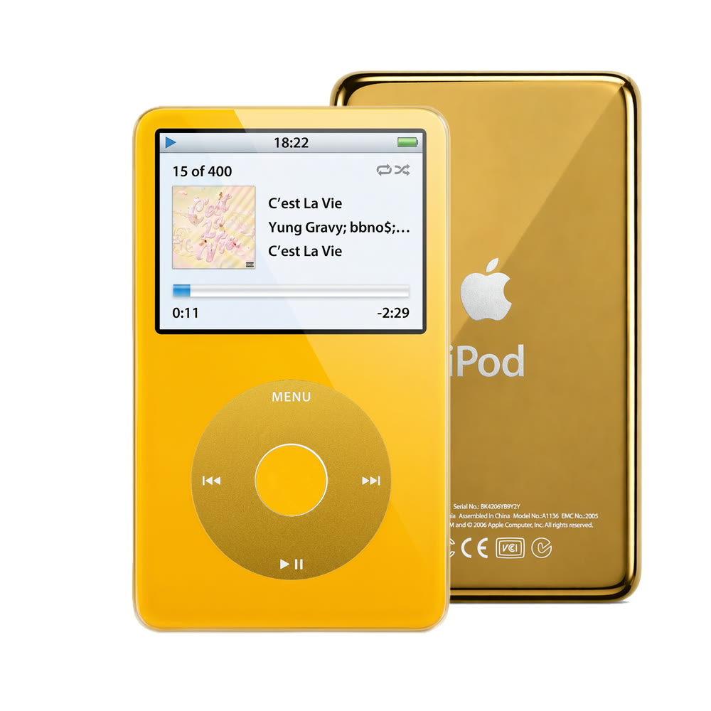 Yellow refurbished iPod Video 5.5 Gen with Yellow click wheel and Gold back plate