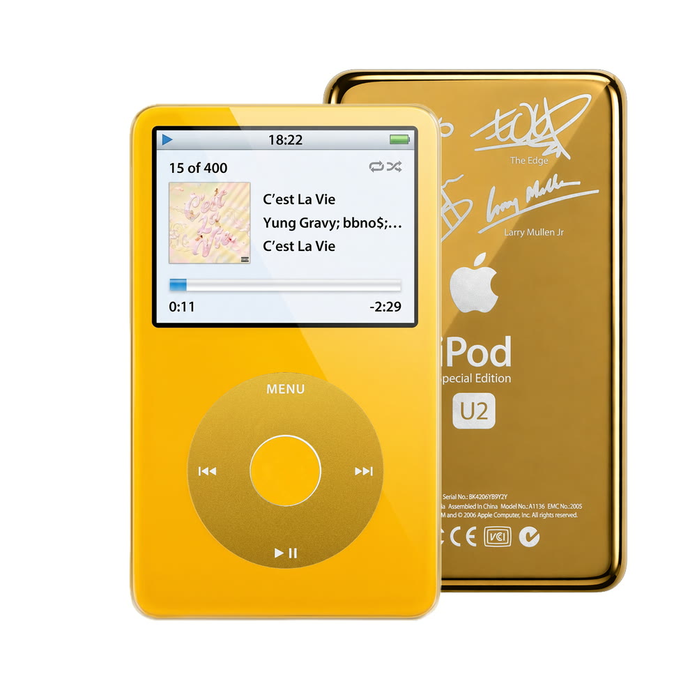 Yellow refurbished iPod Video 5.5 Gen with Yellow click wheel and Gold U2 back plate
