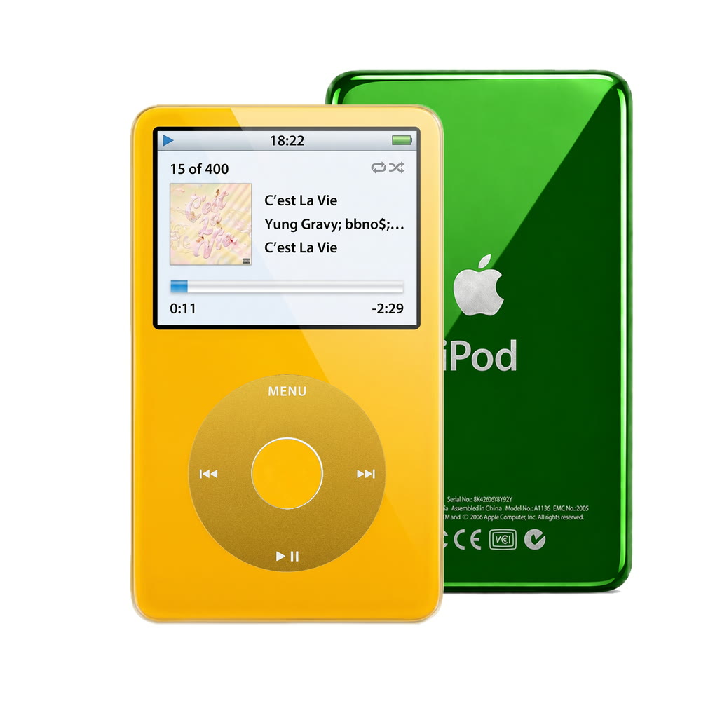 Yellow refurbished iPod Video 5.5 Gen with Yellow click wheel and Green back plate
