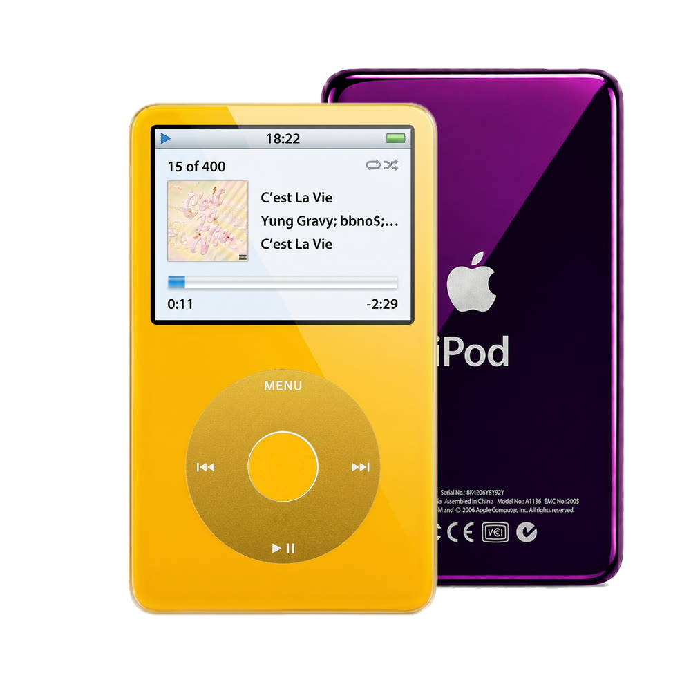 Yellow refurbished iPod Video 5.5 Gen with Yellow click wheel and Purple back plate