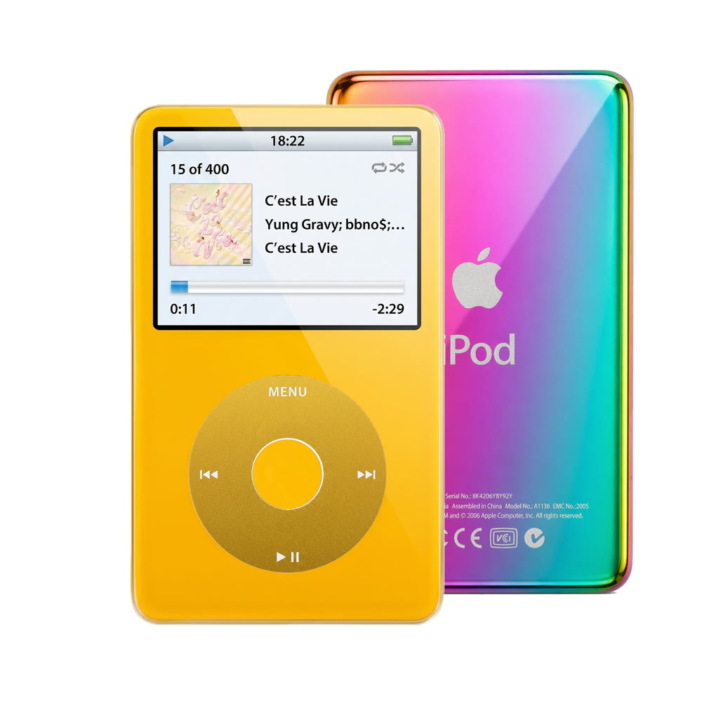 Yellow refurbished iPod Video 5.5 Gen with Yellow click wheel and Rainbow back plate
