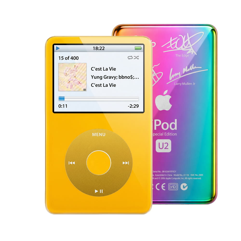 Yellow refurbished iPod Video 5.5 Gen with Yellow click wheel and Rainbow U2 back plate