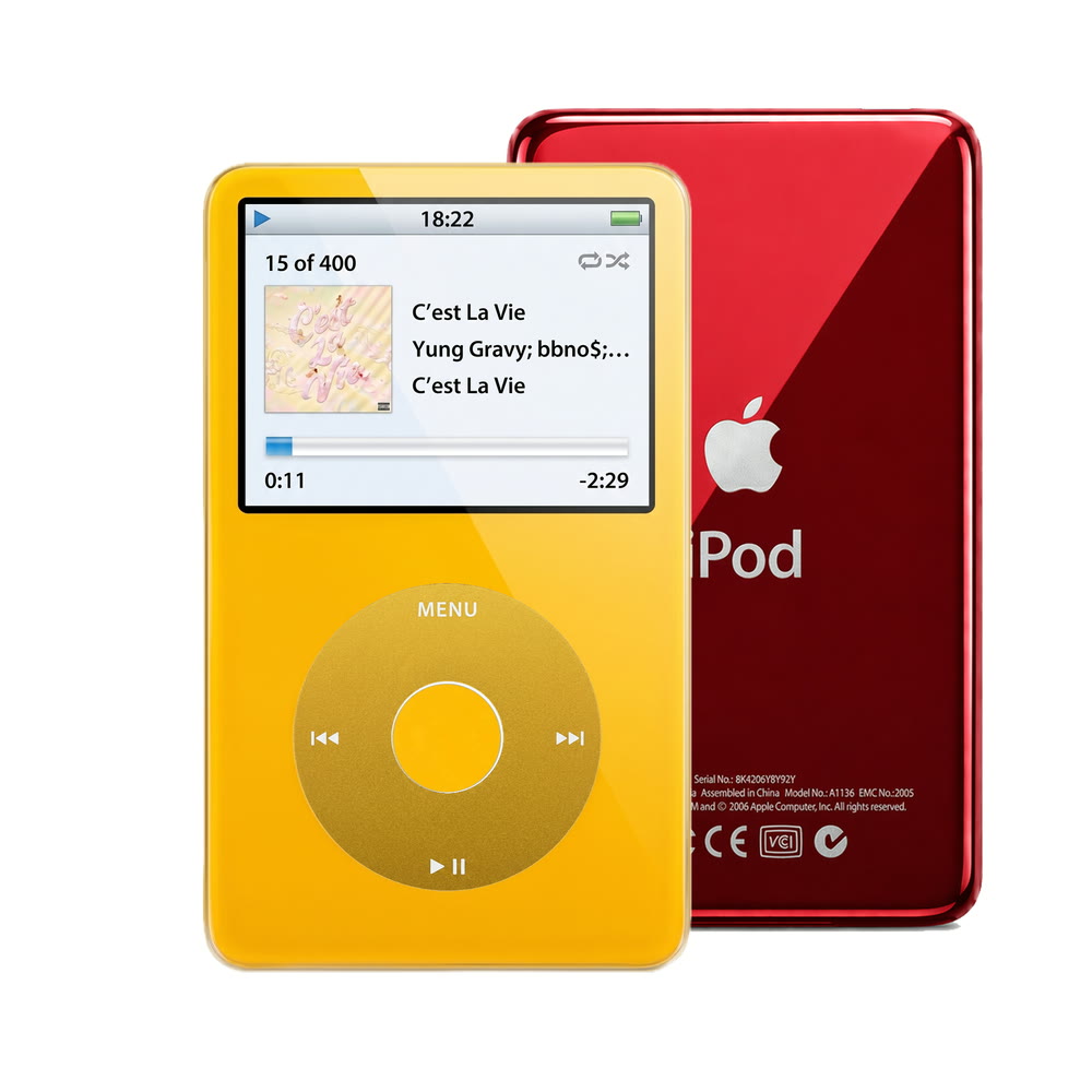 Yellow refurbished iPod Video 5.5 Gen with Yellow click wheel and Red back plate