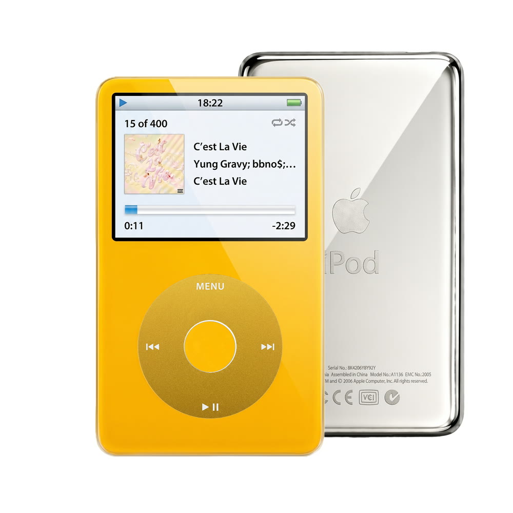 Yellow refurbished iPod Video 5.5 Gen with Yellow click wheel and Silver back plate