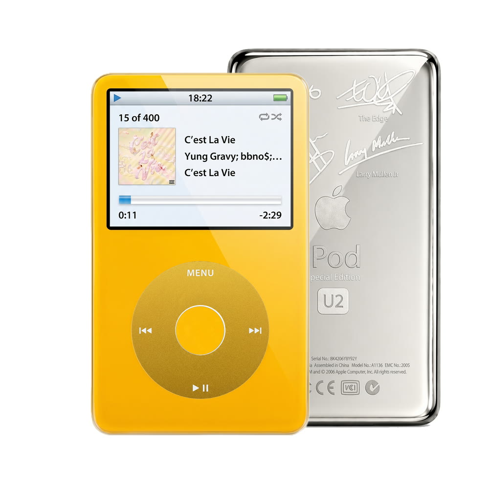 Yellow refurbished iPod Video 5.5 Gen with Yellow click wheel and Silver U2 back plate