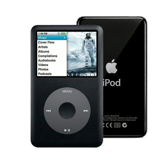 Black refurbished iPod Classic 7th Gen with Black click wheel and Black back plate
