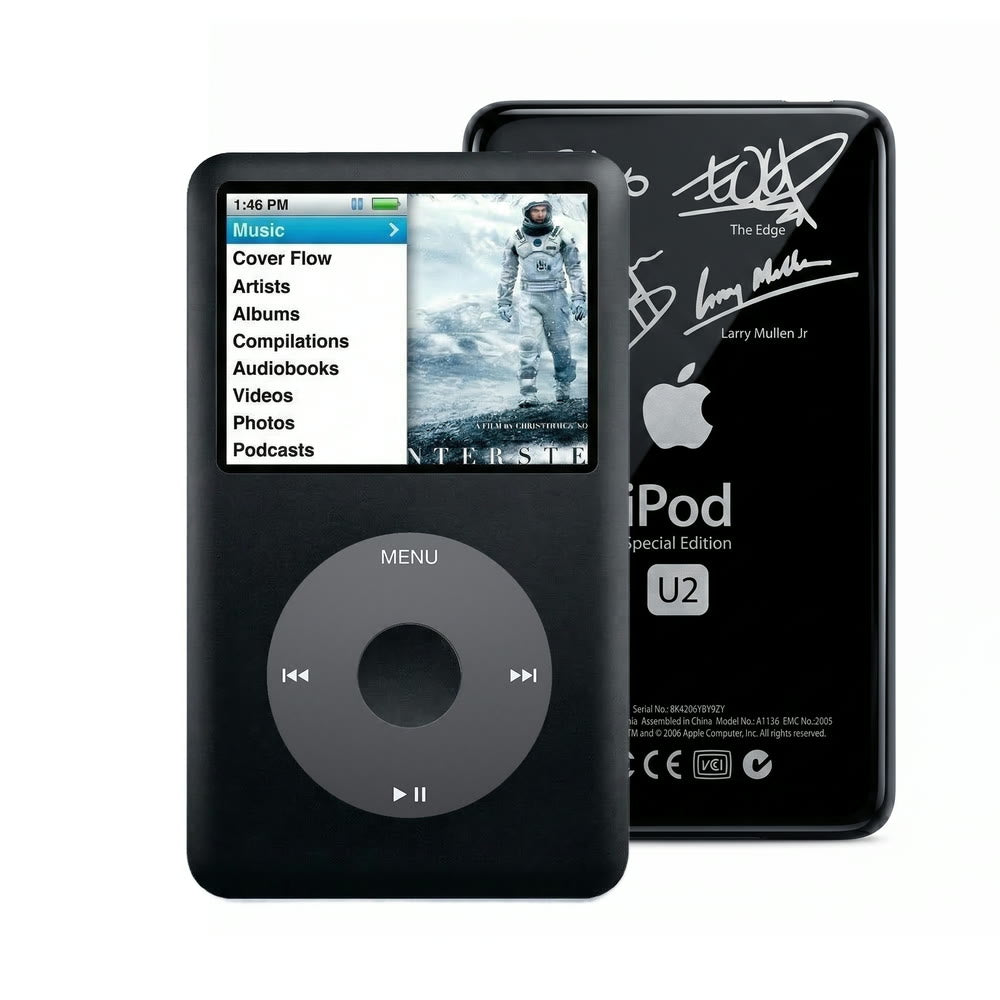 Black refurbished iPod Classic 7th Gen with Black click wheel and Black U2 back plate