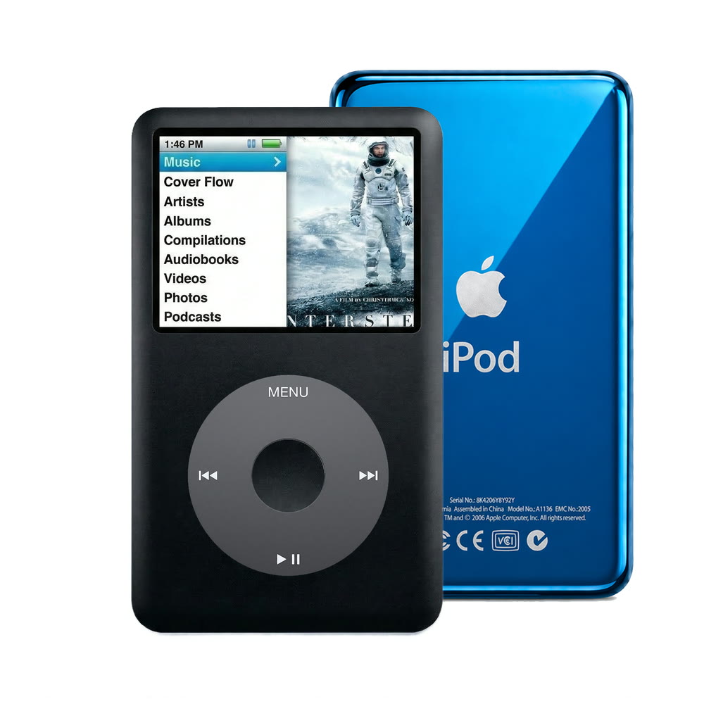 Black refurbished iPod Classic 7th Gen with Black click wheel and Blue back plate