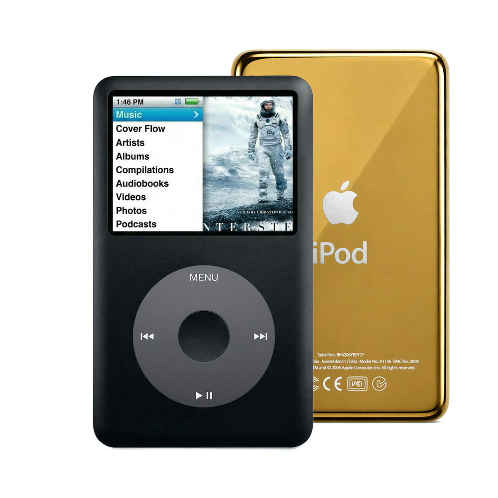 Black refurbished iPod Classic 7th Gen with Black click wheel and Gold back plate