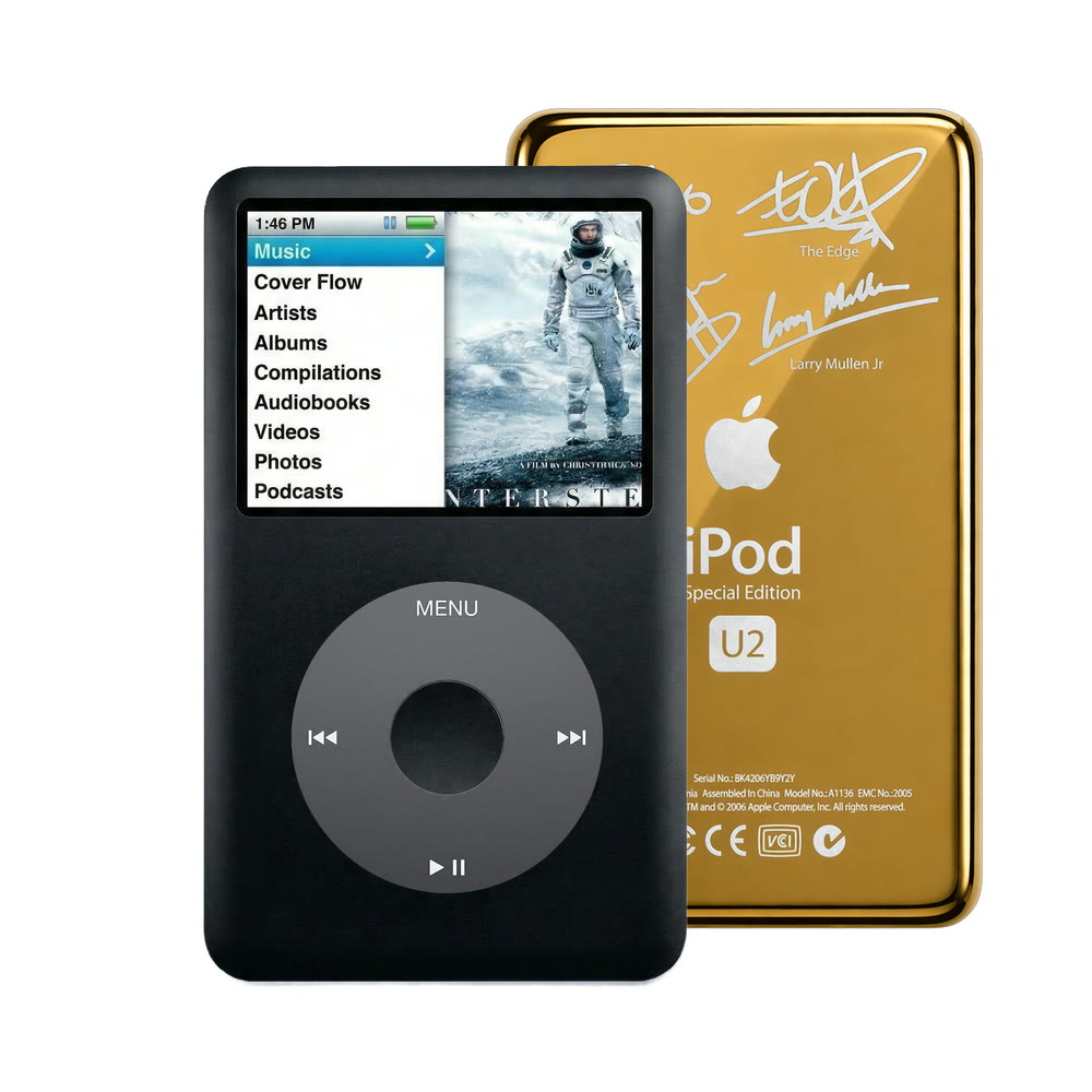 Black refurbished iPod Classic 7th Gen with Black click wheel and Gold U2 back plate