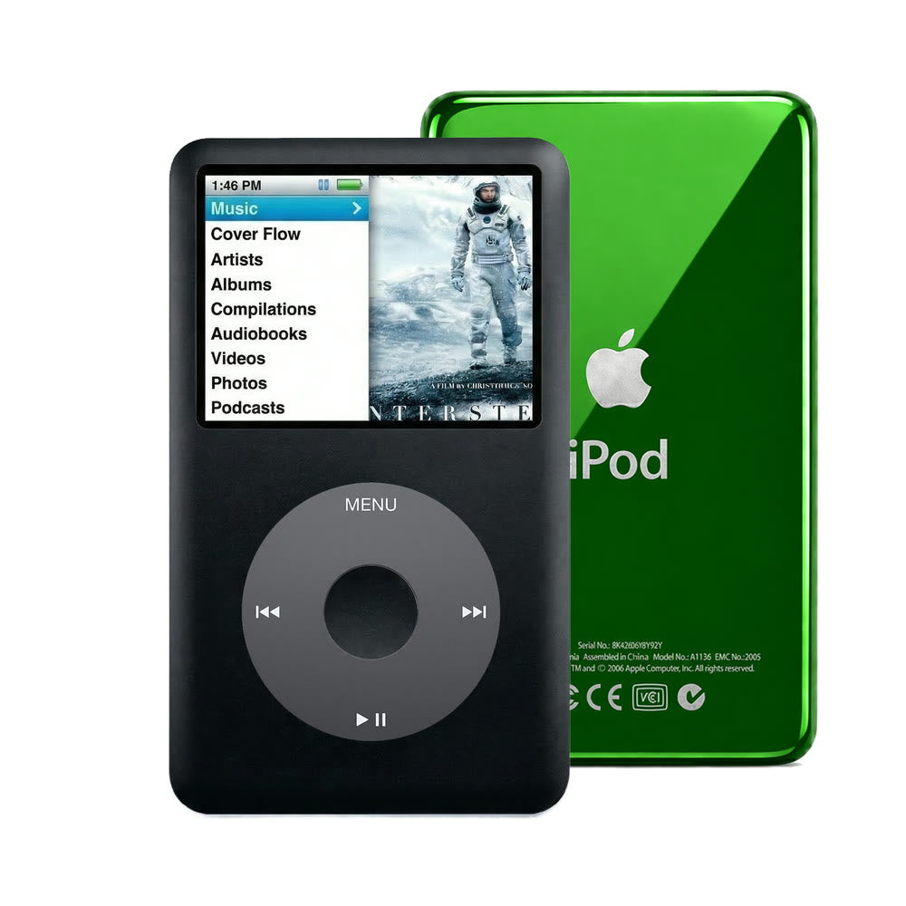 Black refurbished iPod Classic 7th Gen with Black click wheel and Green back plate