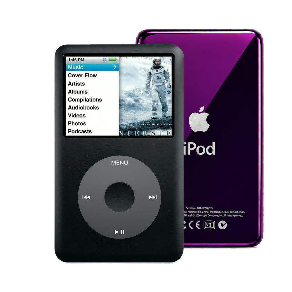 Black refurbished iPod Classic 7th Gen with Black click wheel and Purple back plate