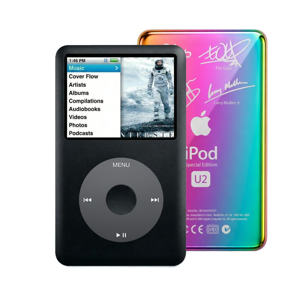 Black refurbished iPod Classic 7th Gen with Black click wheel and Rainbow U2 back plate