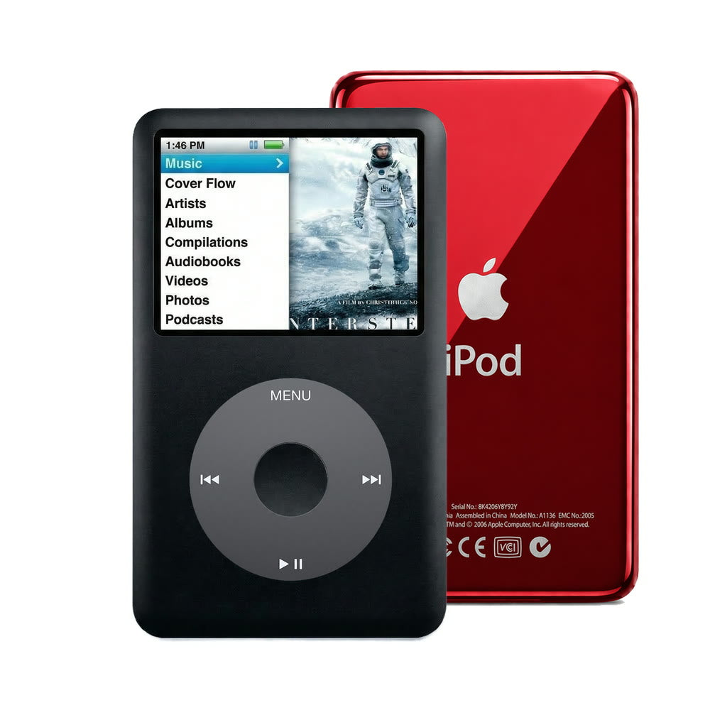 Black refurbished iPod Classic 7th Gen with Black click wheel and Red back plate