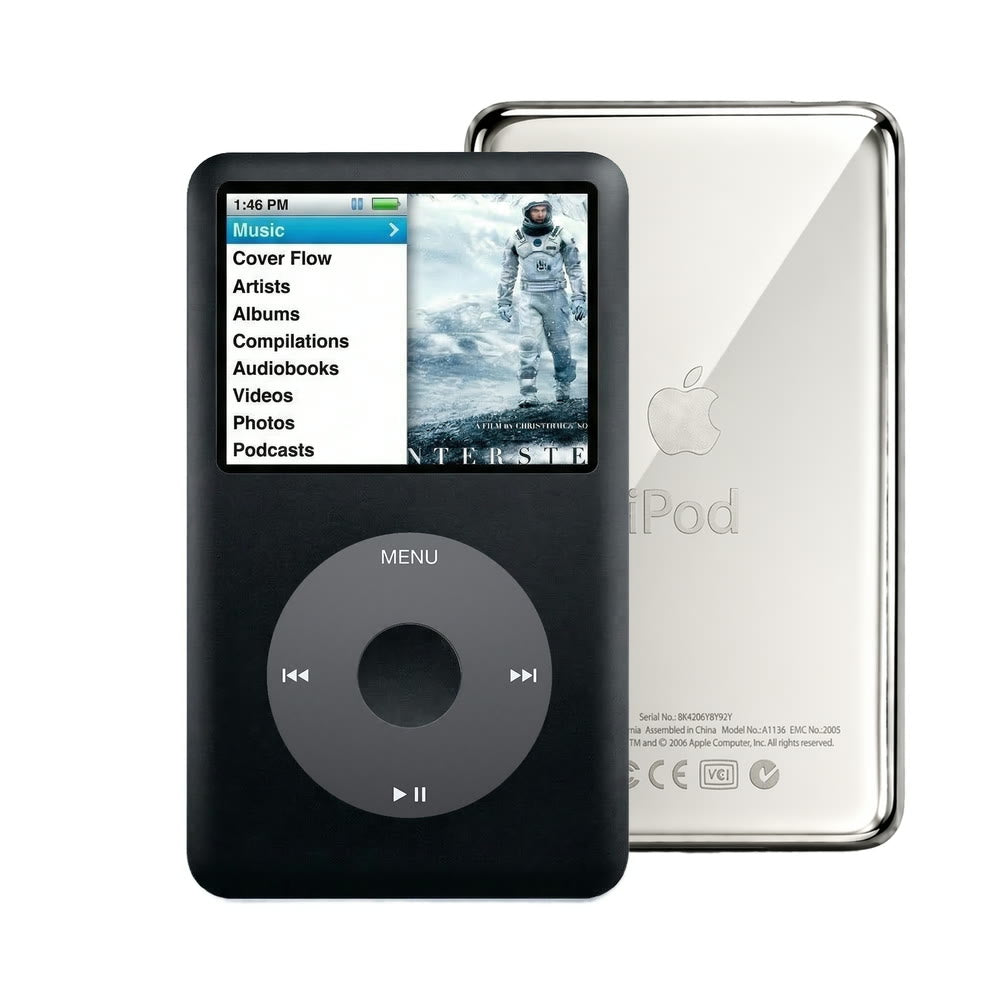 Black refurbished iPod Classic 7th Gen with Black click wheel and Silver back plate