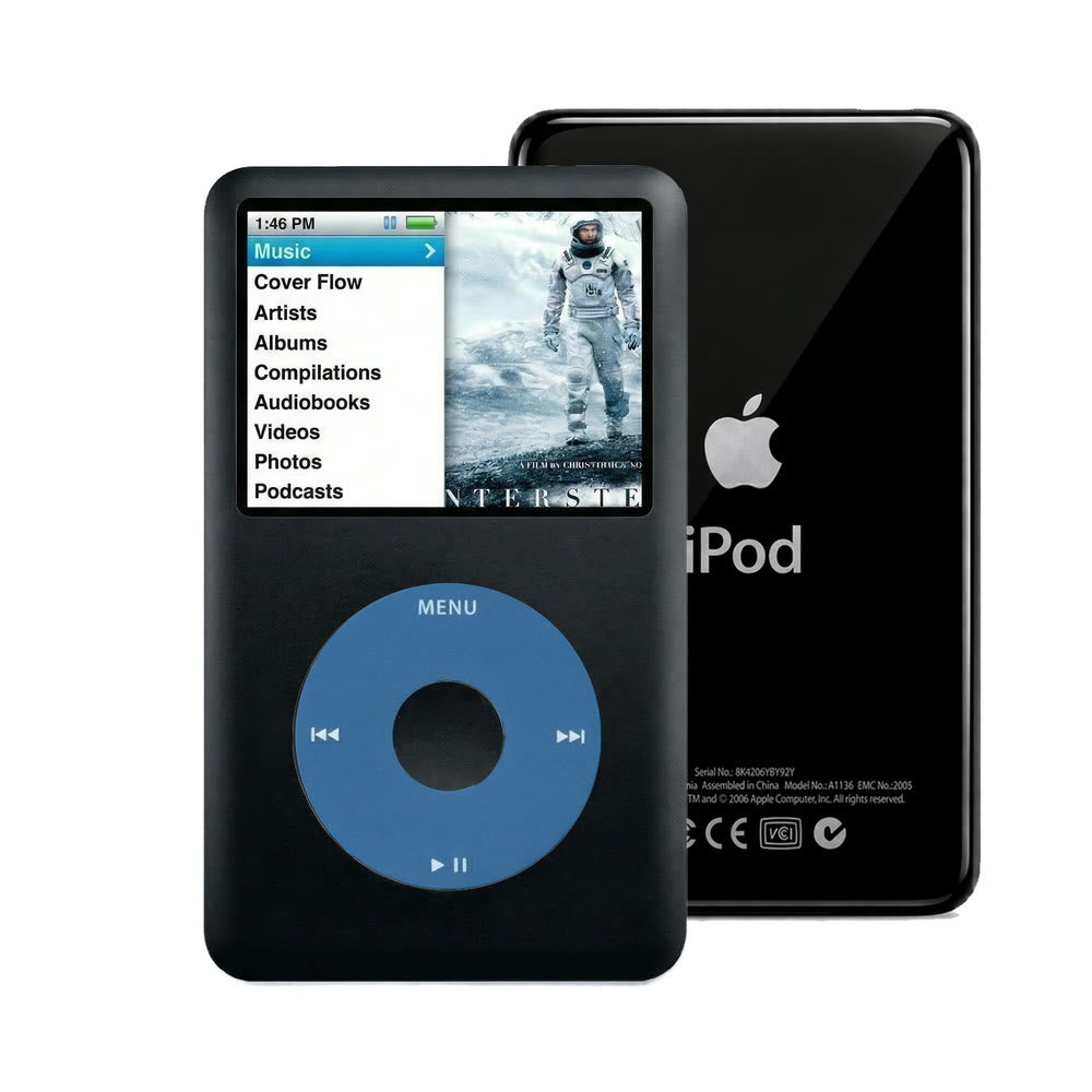Black refurbished iPod Classic 7th Gen with Blue click wheel and Black back plate