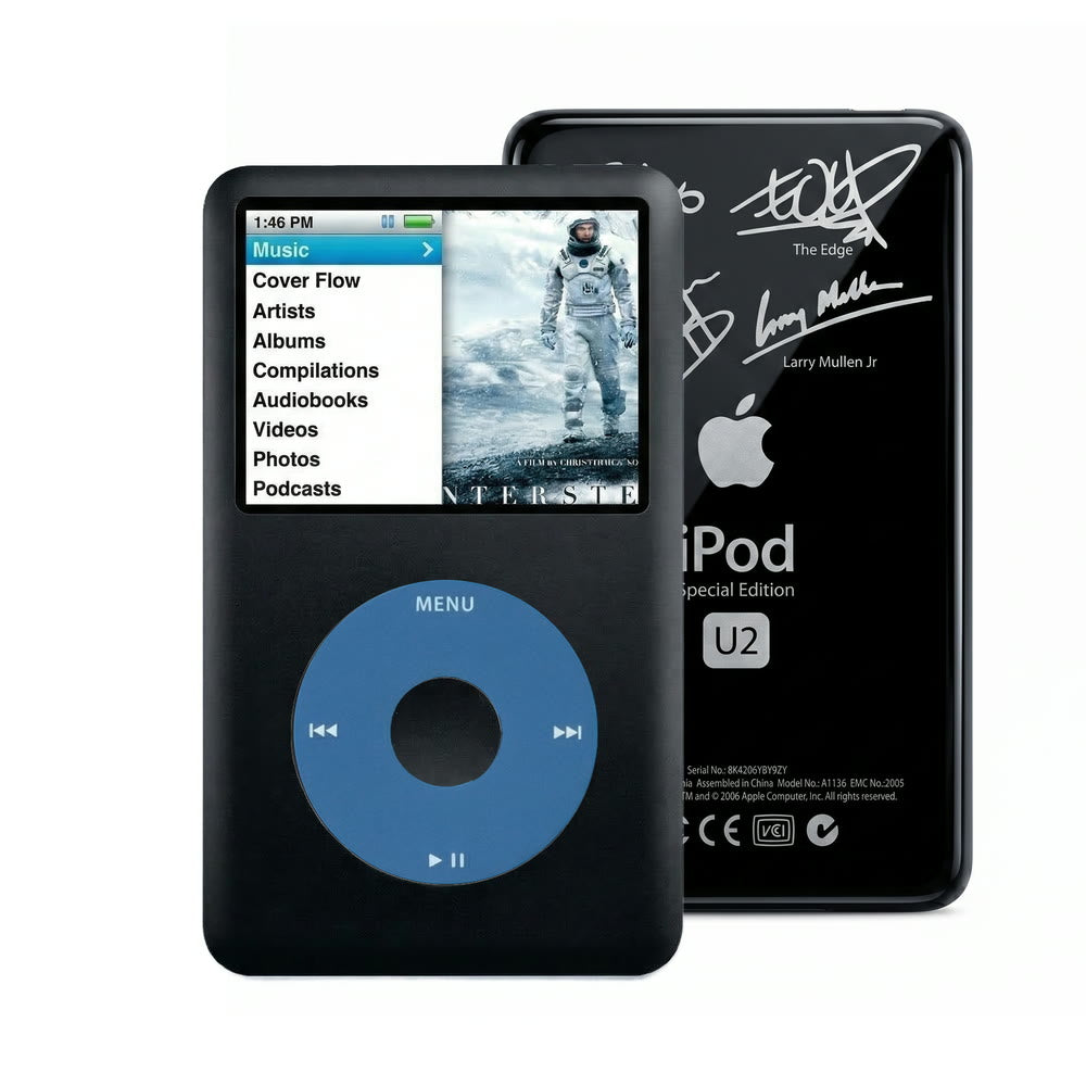 Black refurbished iPod Classic 7th Gen with Blue click wheel and Black U2 back plate