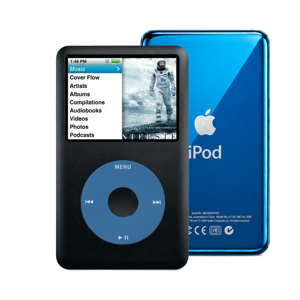 Black refurbished iPod Classic 7th Gen with Blue click wheel and Blue back plate