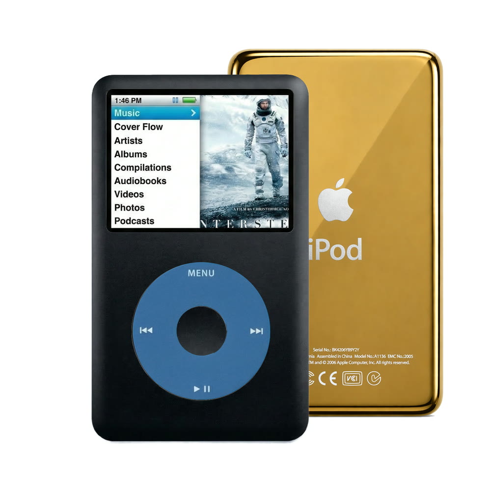 Black refurbished iPod Classic 7th Gen with Blue click wheel and Gold back plate
