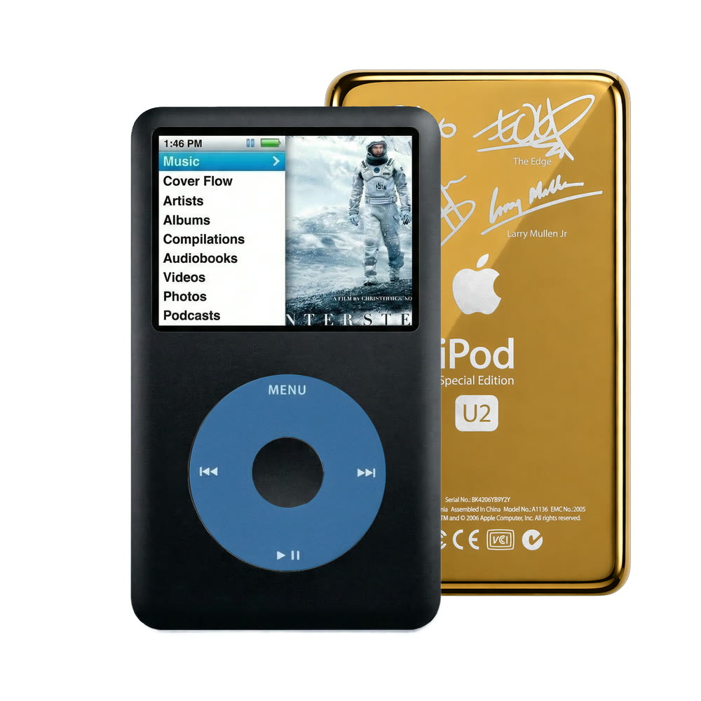 Black refurbished iPod Classic 7th Gen with Blue click wheel and Gold U2 back plate