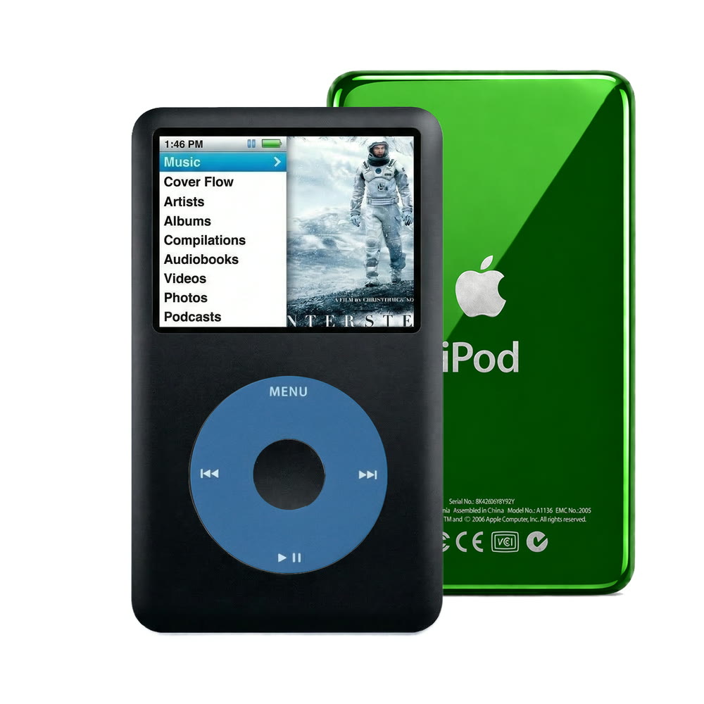 Black refurbished iPod Classic 7th Gen with Blue click wheel and Green back plate