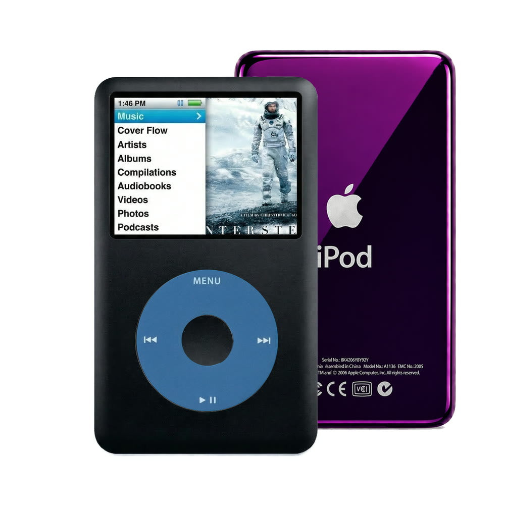 Black refurbished iPod Classic 7th Gen with Blue click wheel and Purple back plate