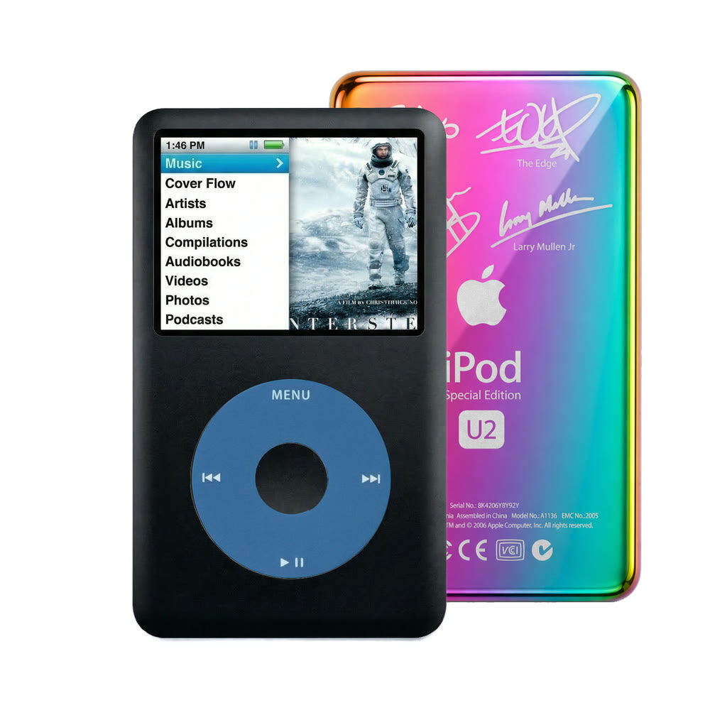 Black refurbished iPod Classic 7th Gen with Blue click wheel and Rainbow U2 back plate