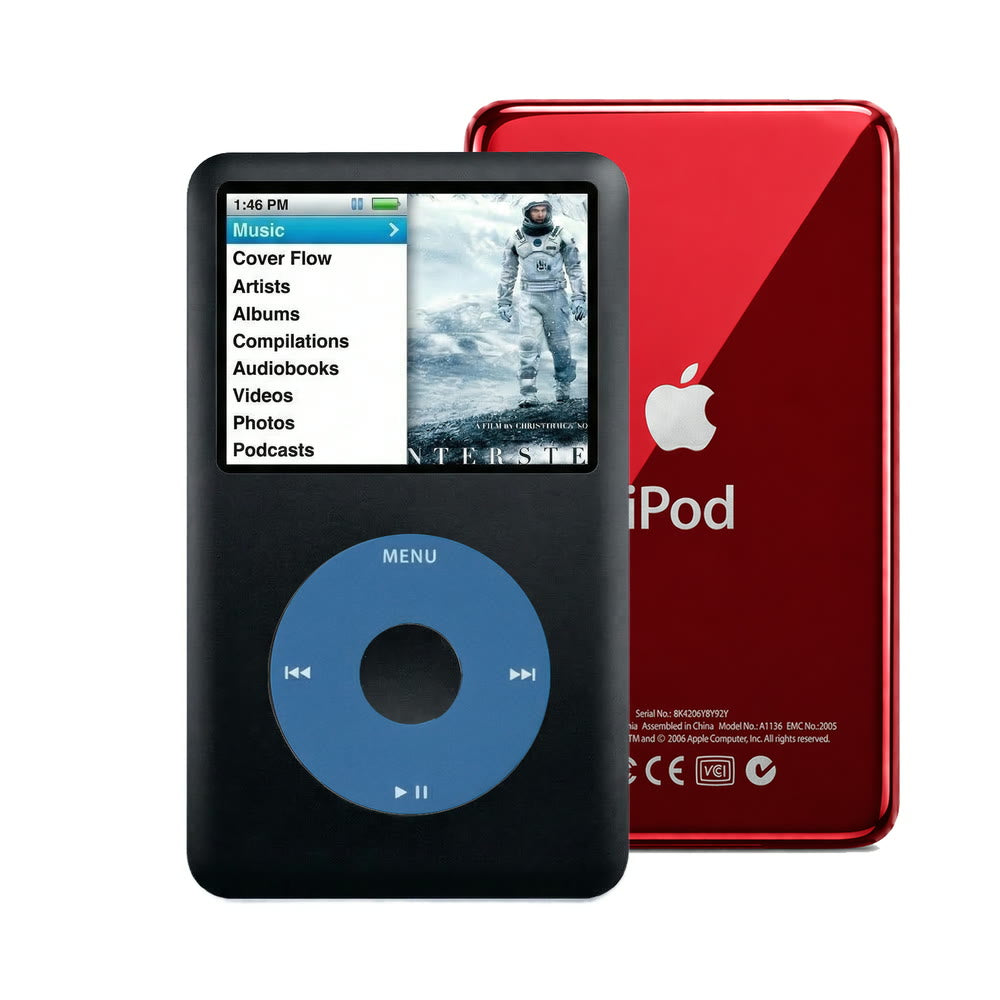 Black refurbished iPod Classic 7th Gen with Blue click wheel and Red back plate