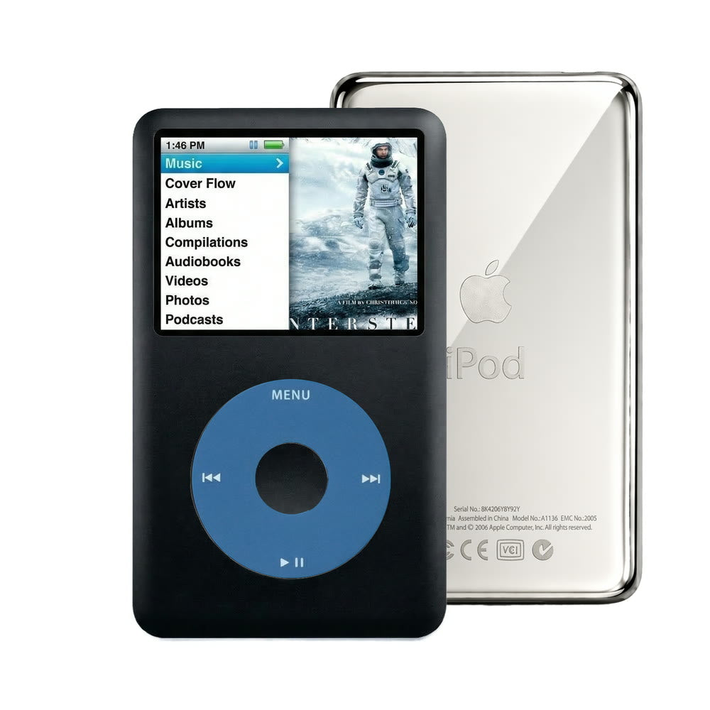 Black refurbished iPod Classic 7th Gen with Blue click wheel and Silver back plate