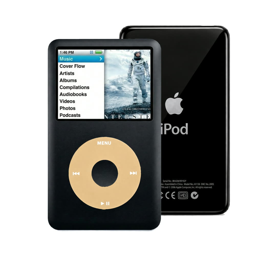 Black refurbished iPod Classic 7th Gen with Gold click wheel and Black back plate