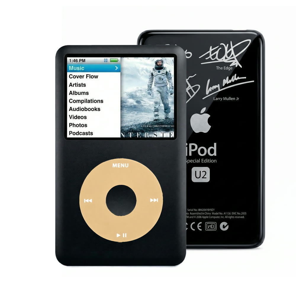 Black refurbished iPod Classic 7th Gen with Gold click wheel and Black U2 back plate