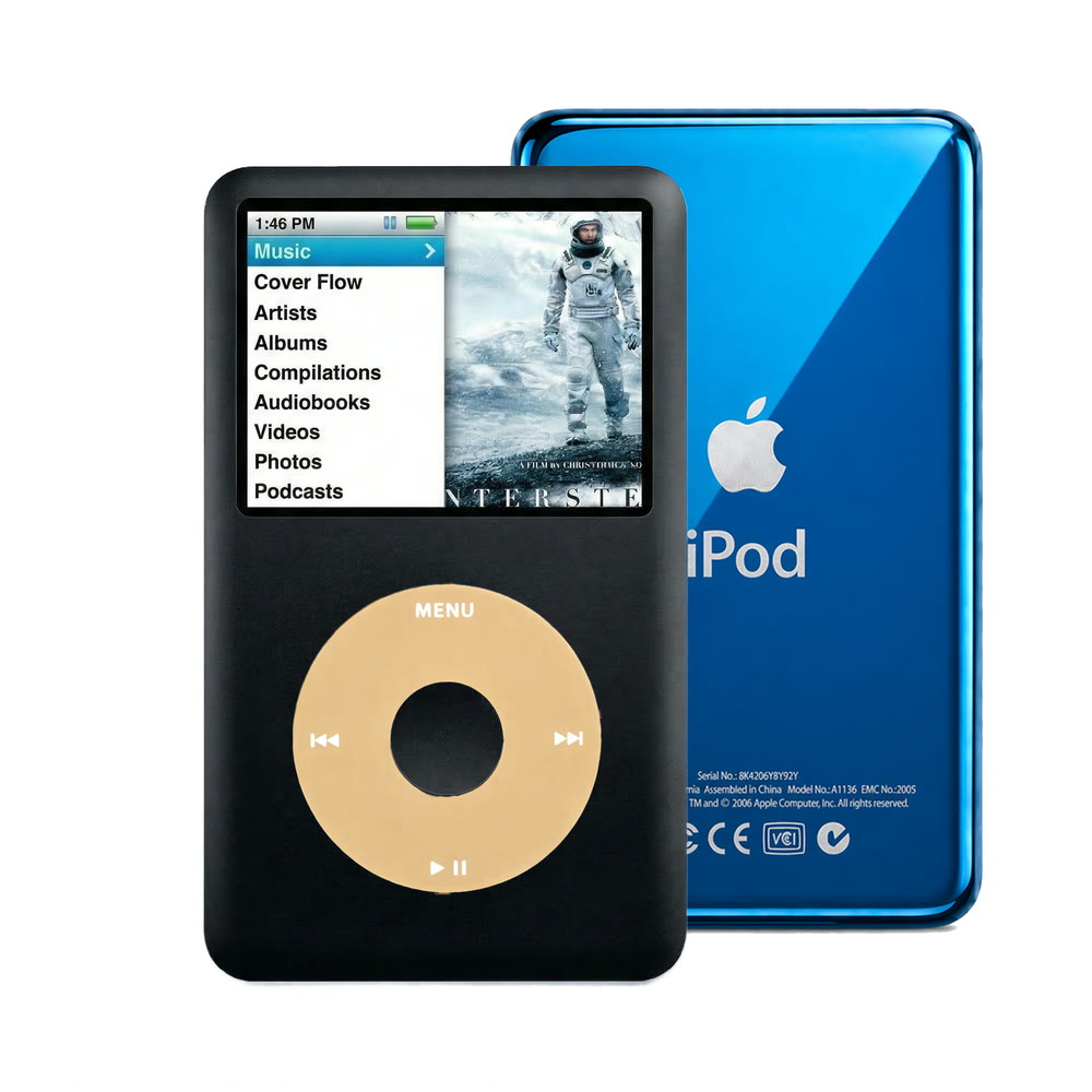 Black refurbished iPod Classic 7th Gen with Gold click wheel and Blue back plate