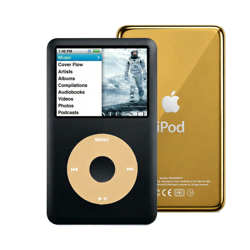 Black refurbished iPod Classic 7th Gen with Gold click wheel and Gold back plate