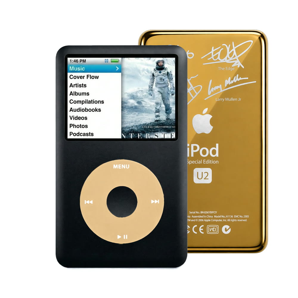 Black refurbished iPod Classic 7th Gen with Gold click wheel and Gold U2 back plate