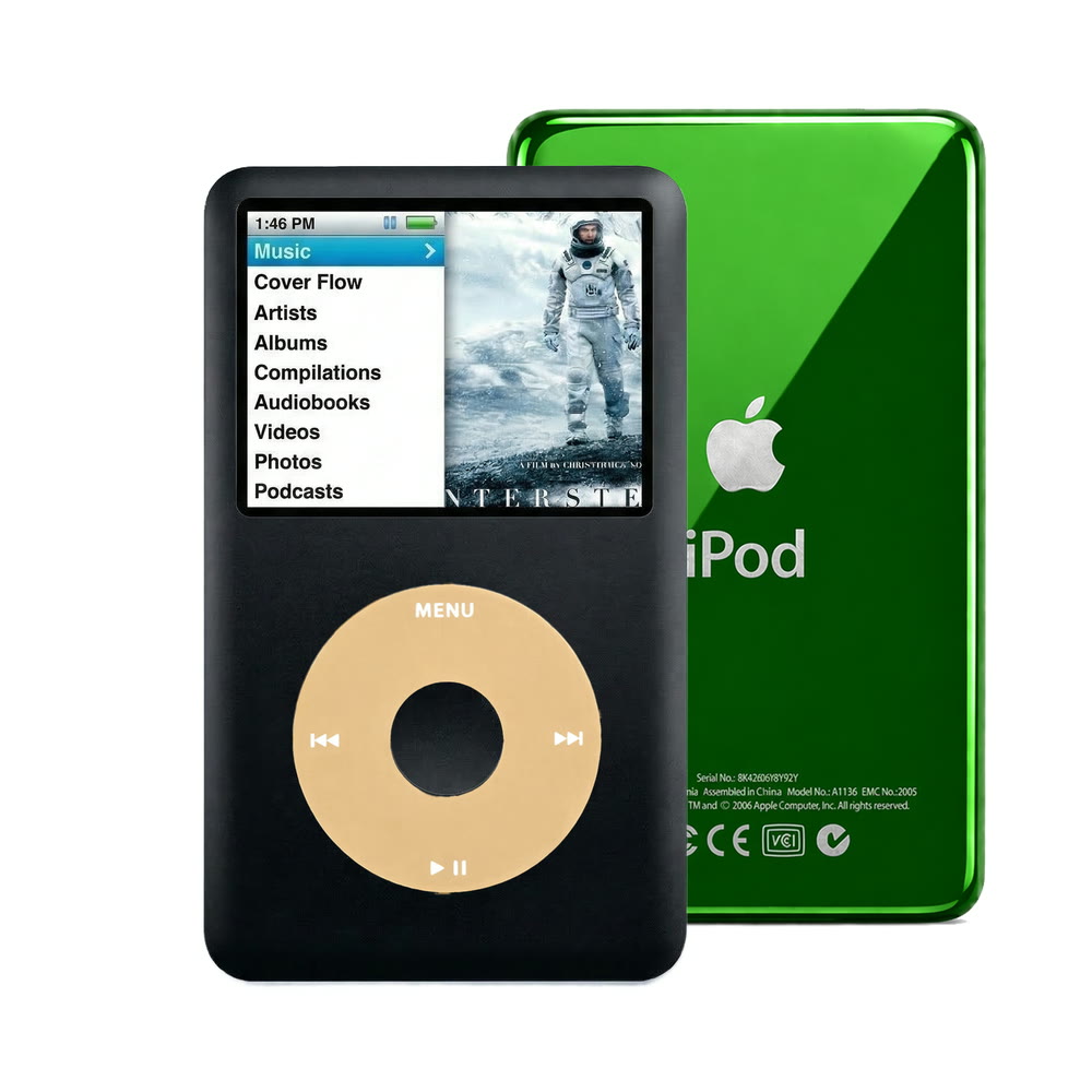 Black refurbished iPod Classic 7th Gen with Gold click wheel and Green back plate