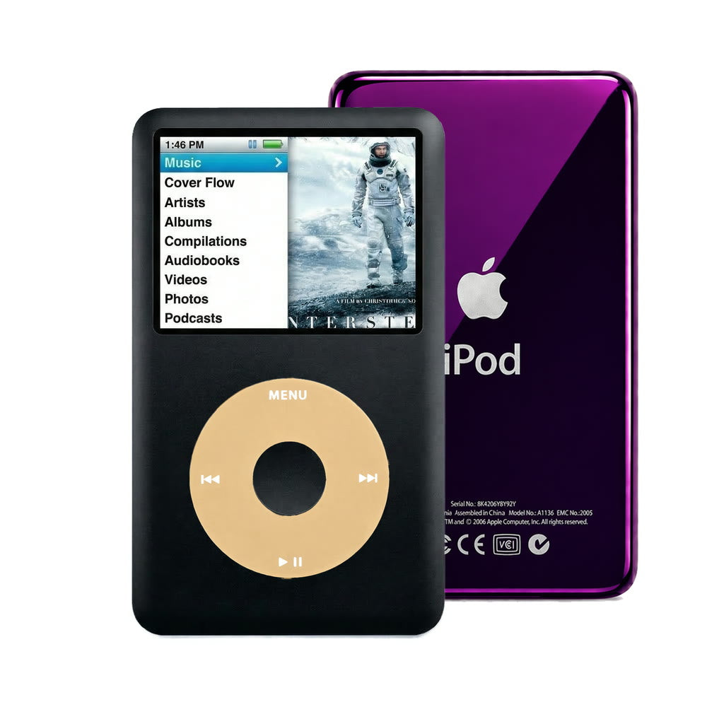Black refurbished iPod Classic 7th Gen with Gold click wheel and Purple back plate
