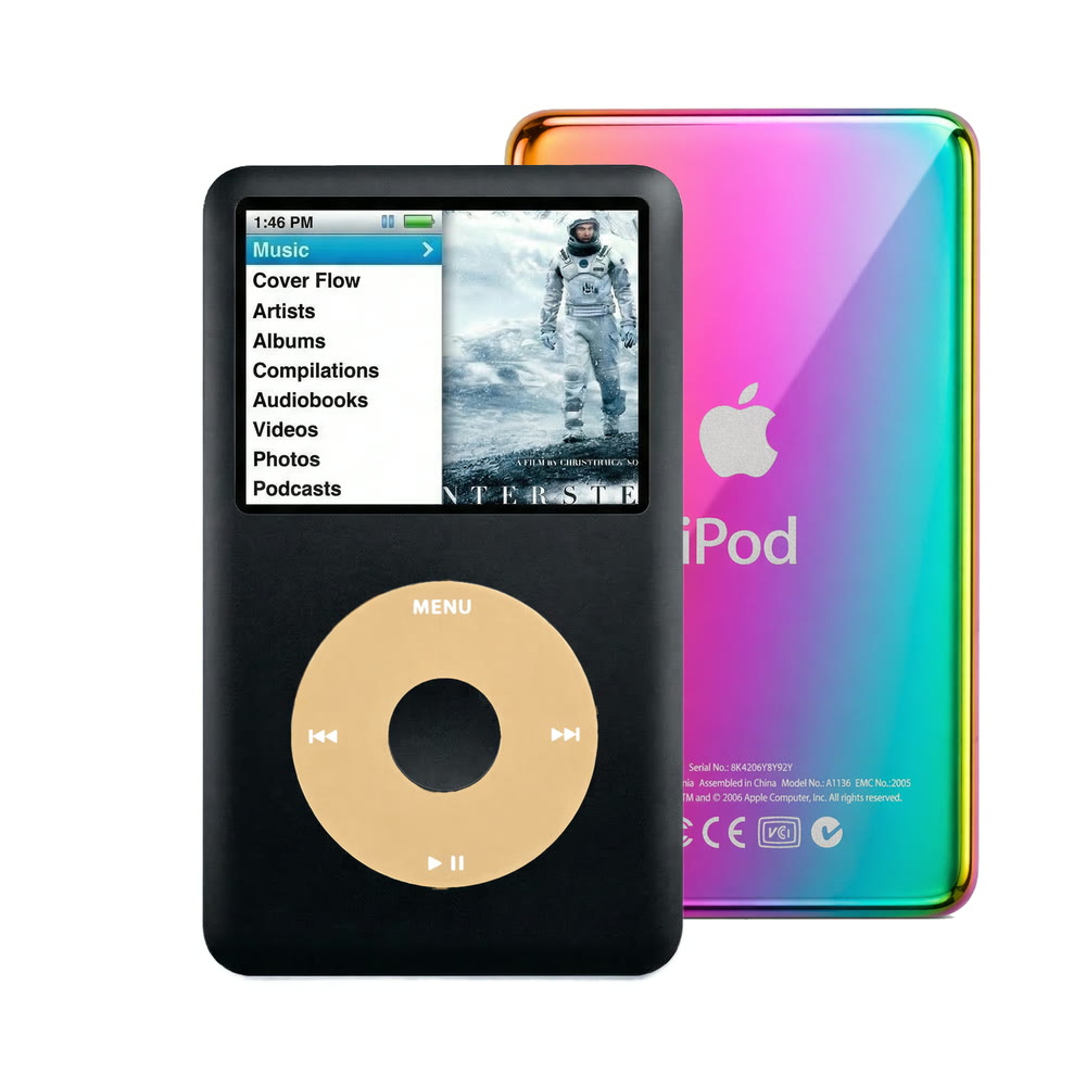 Black refurbished iPod Classic 7th Gen with Gold click wheel and Rainbow back plate