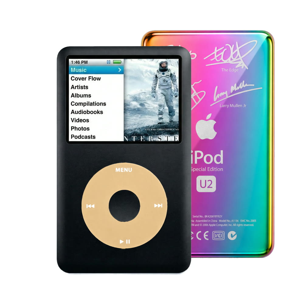 Black refurbished iPod Classic 7th Gen with Gold click wheel and Rainbow U2 back plate