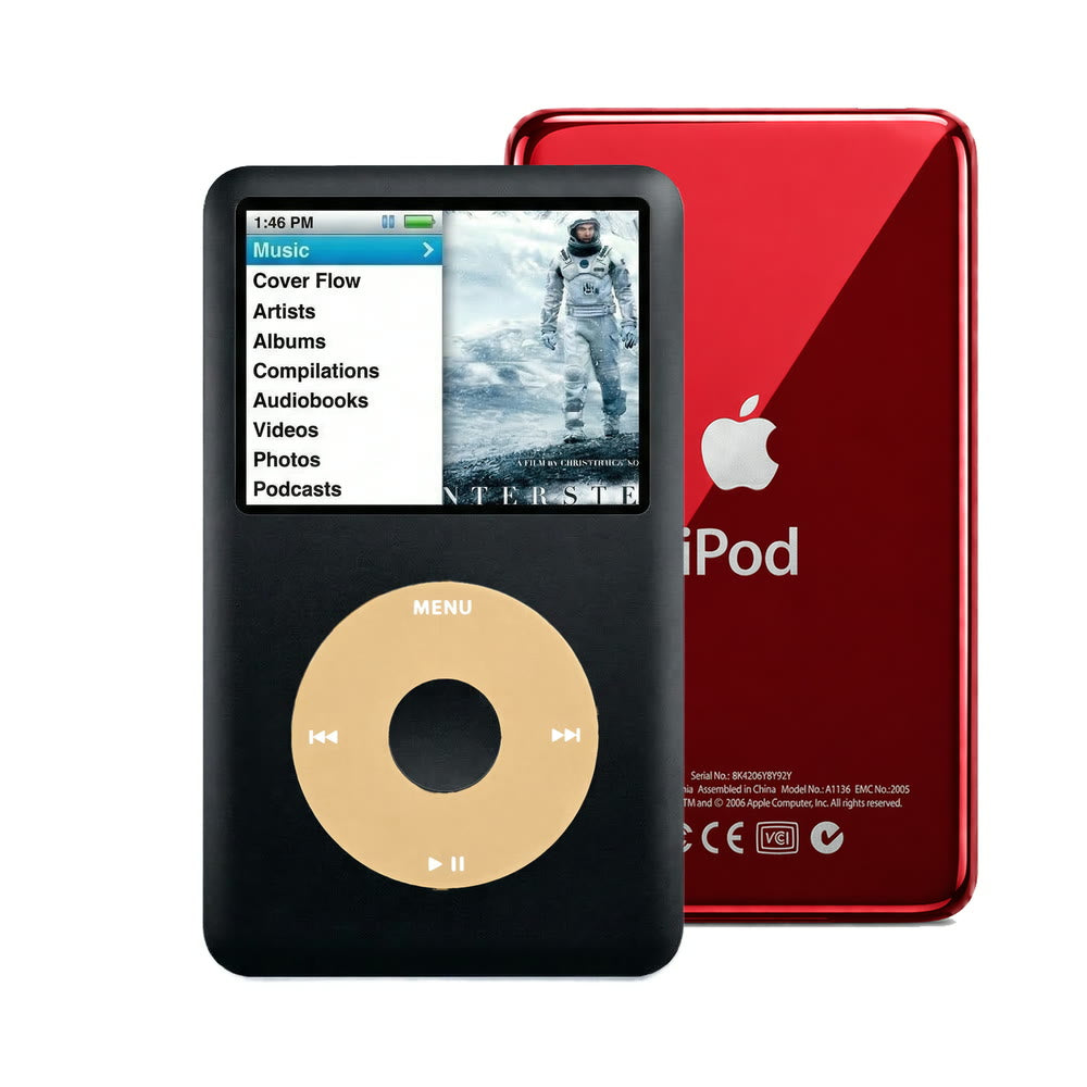 Black refurbished iPod Classic 7th Gen with Gold click wheel and Red back plate