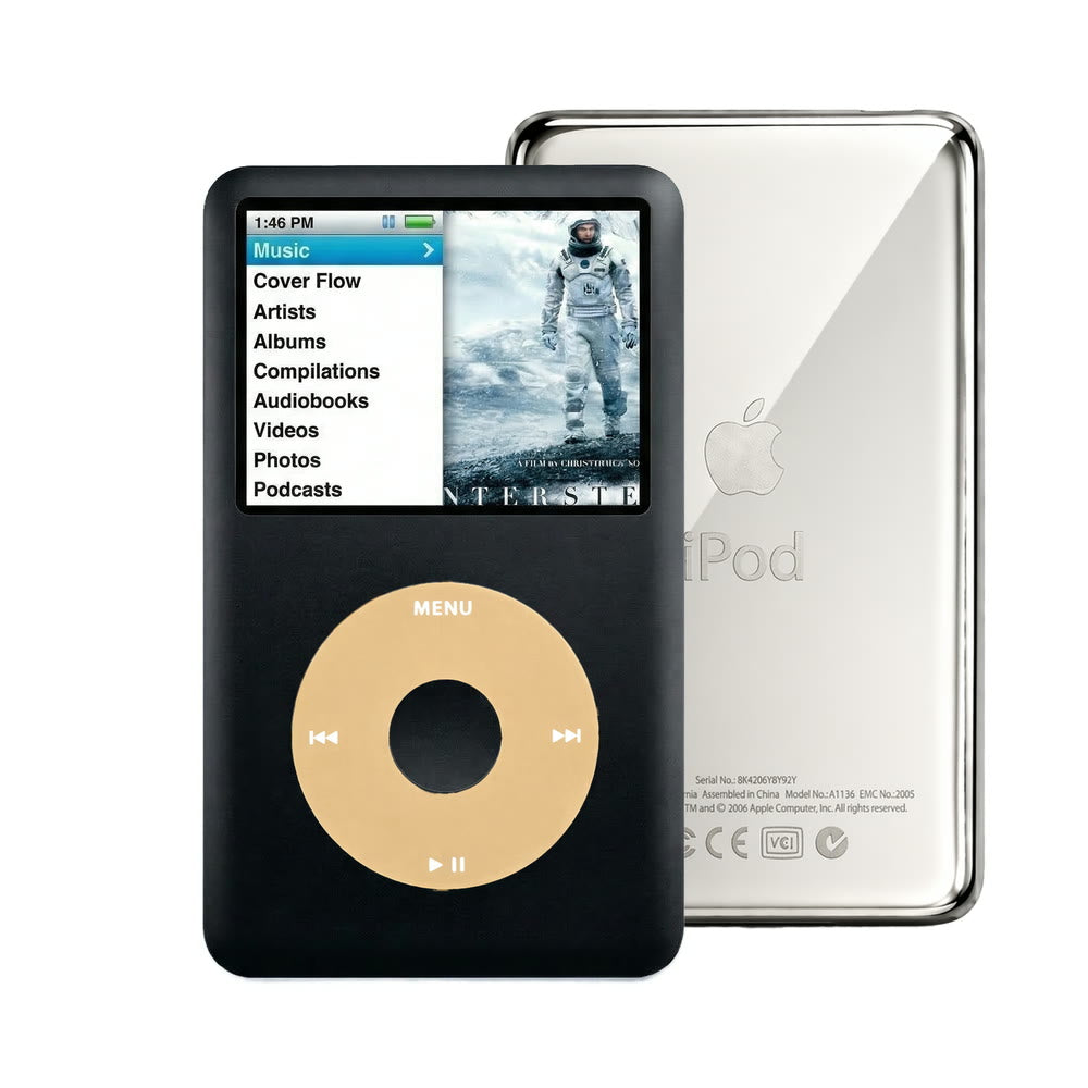 Black refurbished iPod Classic 7th Gen with Gold click wheel and Silver back plate