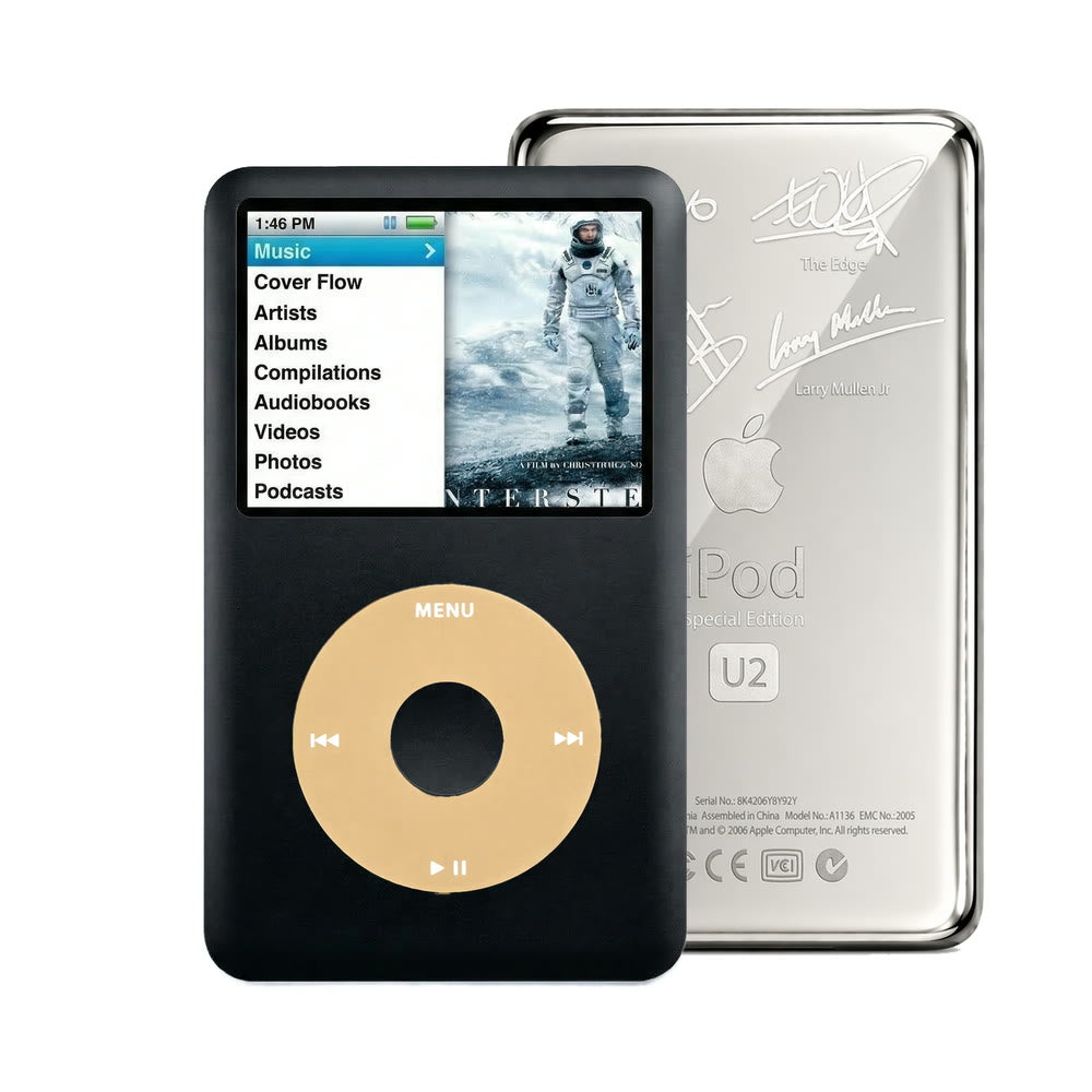 Black refurbished iPod Classic 7th Gen with Gold click wheel and Silver U2 back plate