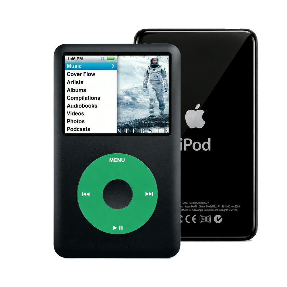 Black refurbished iPod Classic 7th Gen with Green click wheel and Black back plate