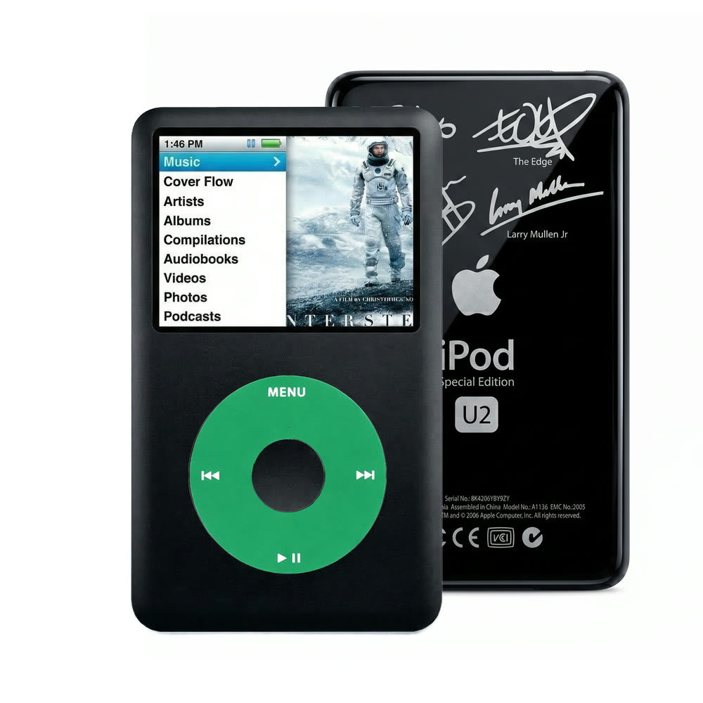 Black refurbished iPod Classic 7th Gen with Green click wheel and Black U2 back plate