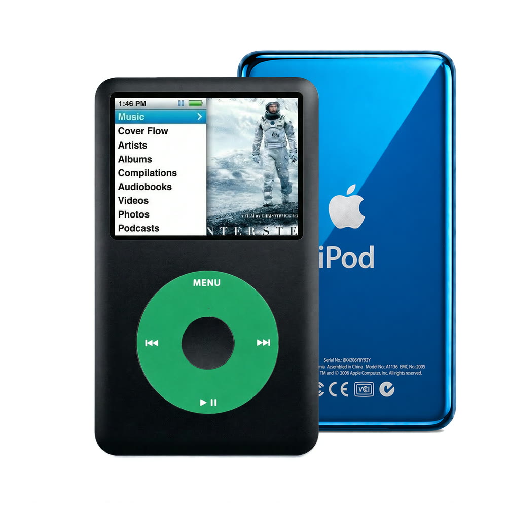 Black refurbished iPod Classic 7th Gen with Green click wheel and Blue back plate