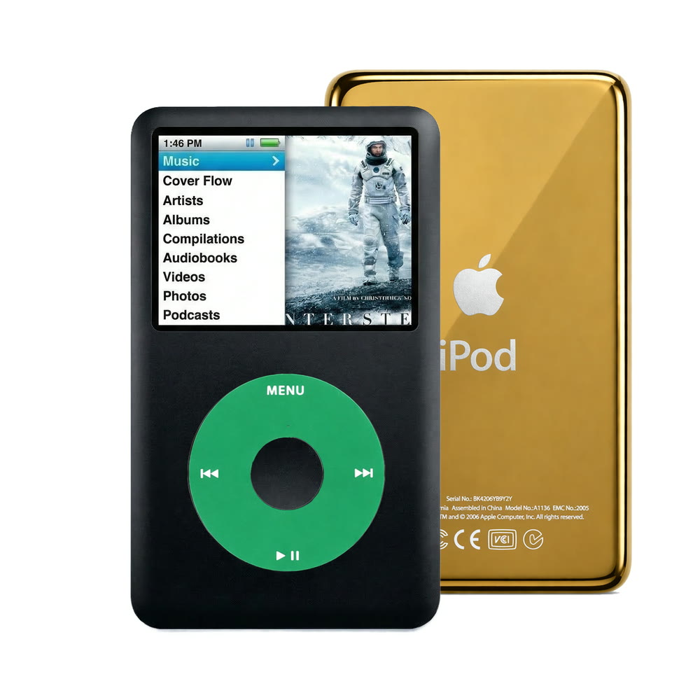 Black refurbished iPod Classic 7th Gen with Green click wheel and Gold back plate