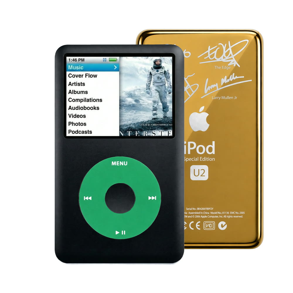 Black refurbished iPod Classic 7th Gen with Green click wheel and Gold U2 back plate