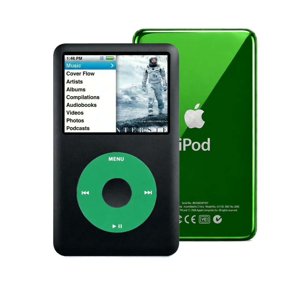 Black refurbished iPod Classic 7th Gen with Green click wheel and Green back plate