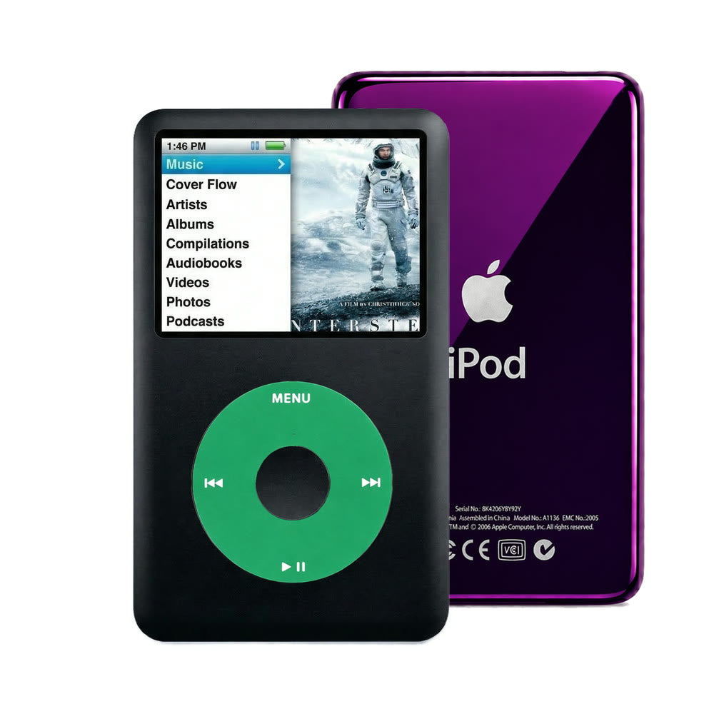 Black refurbished iPod Classic 7th Gen with Green click wheel and Purple back plate