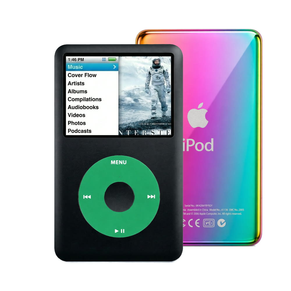 Black refurbished iPod Classic 7th Gen with Green click wheel and Rainbow back plate